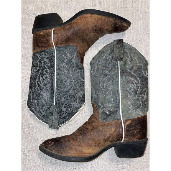Old West Western Boots Womens Size 6.5 Medium Brown Gray Leather Pull On Cowgirl - Picture 2 of 12